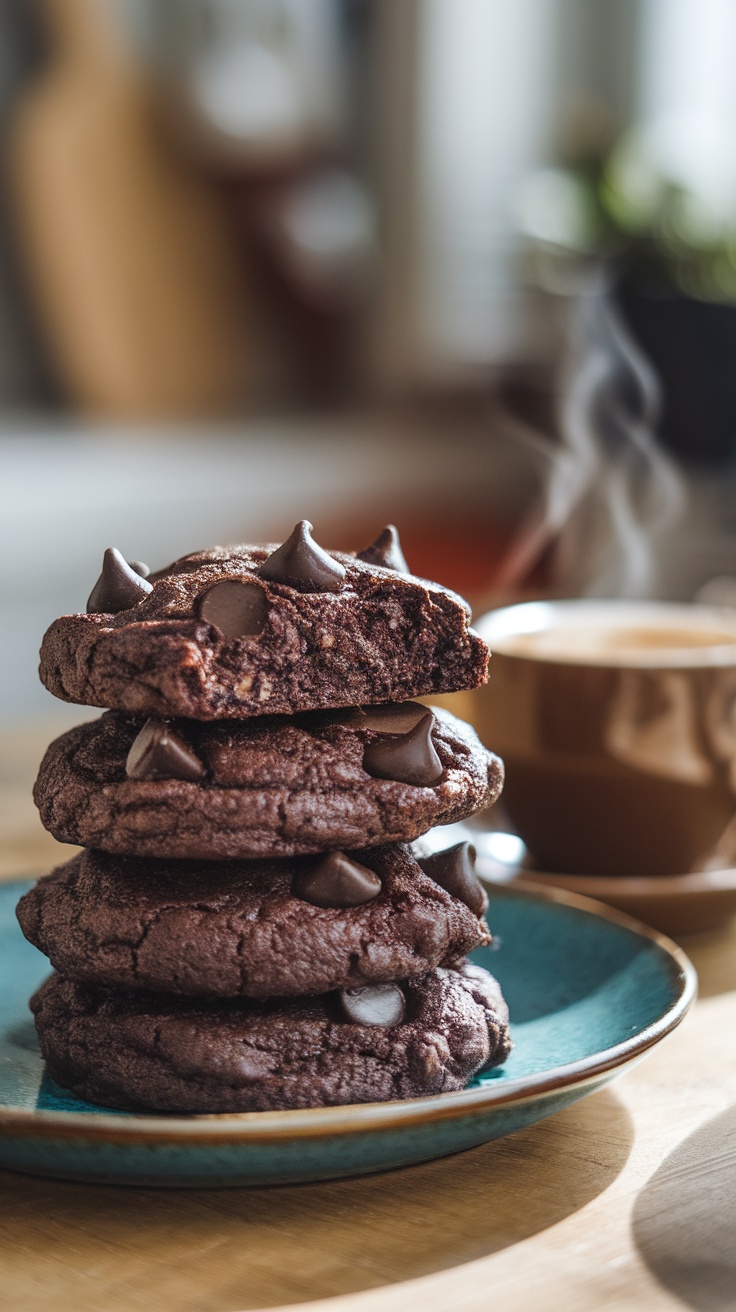 Decadent Vegan Dark Chocolate Espresso Cookies A stack of vegan dark chocolate espresso cookies on a plate with a cup of coffee in a cozy kitchen.